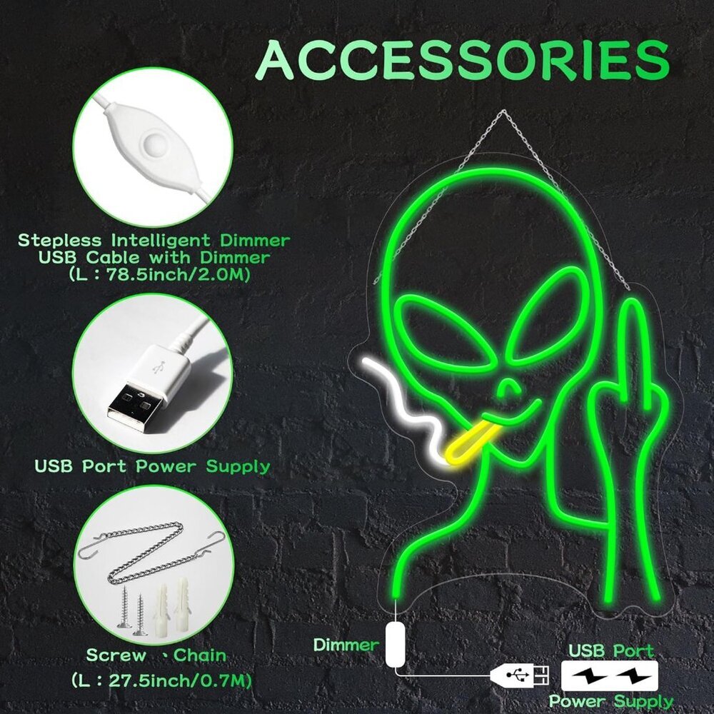 Green Alien Neon LED Sign Dimmable Wall Decor for Bedroom Man Cave Kids Birthday - Picture 5 of 7